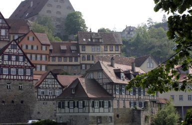 detail of the Old Town of a city named "Schwäbisch Hall" in Southern Germany at summer time